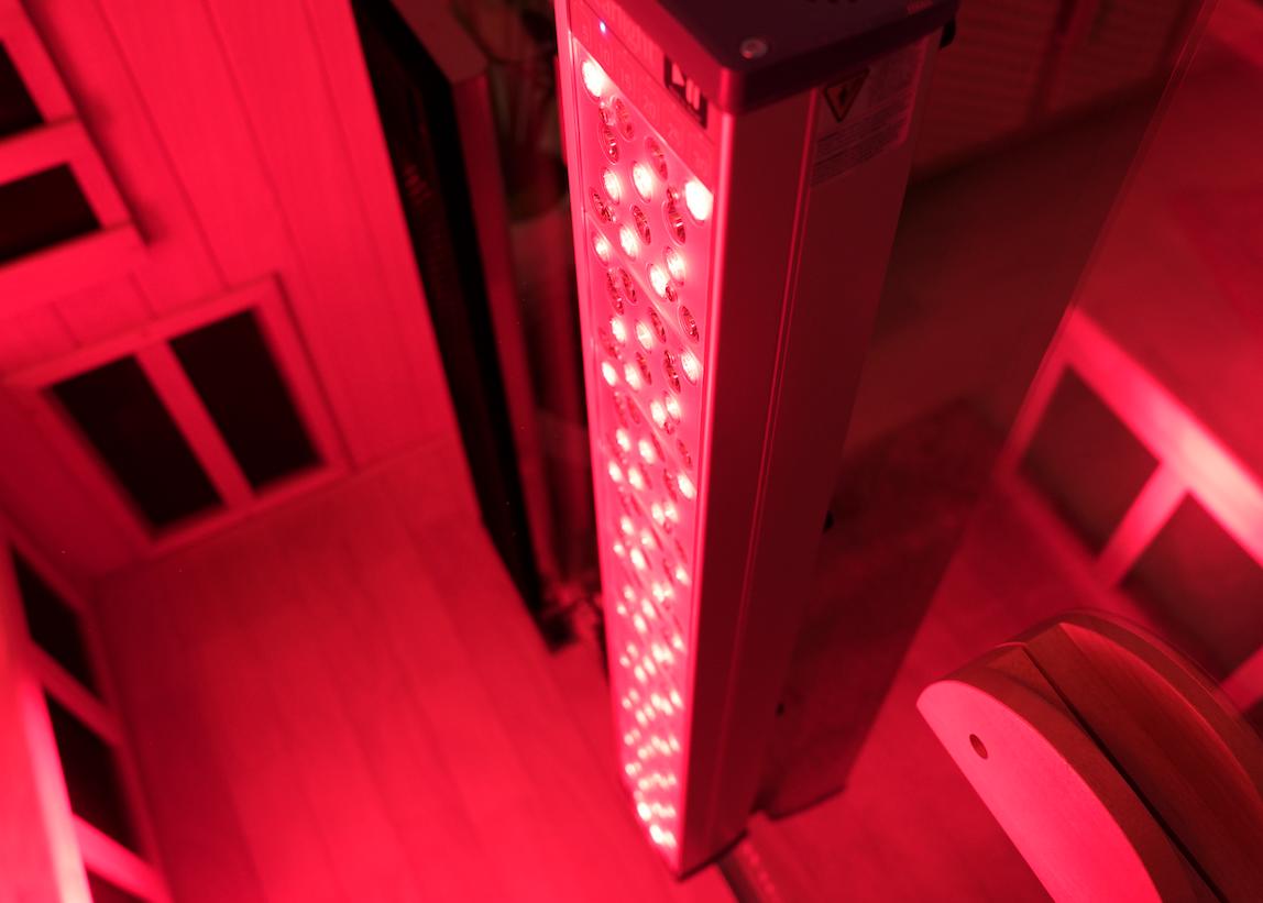 Red Light Therapy tower inside infrared sauna